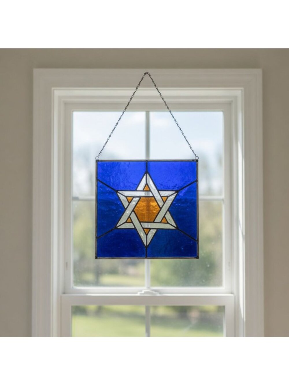 Suncatcher Stained Glass Star Of David 12"X12" Cobalt Blue Amber Metal Window